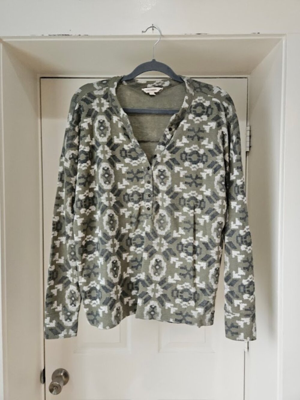 Lucky Brand Green Waffle Knit Shirt Long Sleeve Tee Top Aztec 1/4 Button Large